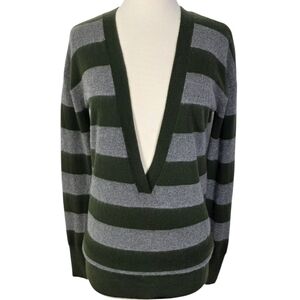 Vince 100% Cashmere Striped Longsleeve Sweater Deep V Neck Green/Gray Sz M